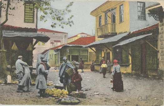 1067kart | Στρατριώτες στην αγορά της πόλης. Επιχρωματισμένη | Αγορές της Θεσσαλονίκης | Edit. IPA CT