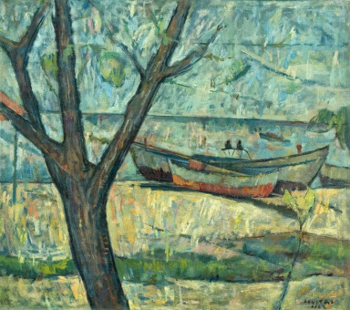 122pinakes | Δέντρα και βάρκες στην Αρετσού | ελαιογραφία - 1962 - 75Χ85 
 |  Κώστας Λούστας