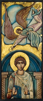 1398pinakes | Α. Δημήτριος & Άγγελος σαλπίζων | ξυλόγλυπτο επιζωγραφισμένο - 114Χ50
 |  Δ & Σ Γαρδικιώτη