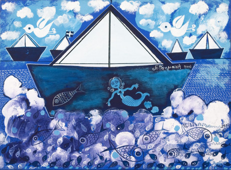 1431pinakes | Γαλάζια βάρκα και γοργόνα | ακρυλικό - 2003 - 55Χ75 
 |  Γεθσημανή Σεφεροπούλου
