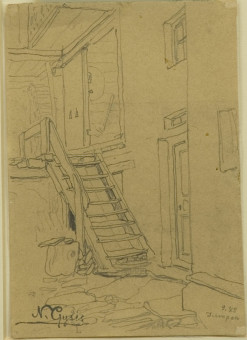 1531pinakes | Αυλή με ξύλινη σκάλα (Tumpen) | σχέδιο - 1883 - 13Χ9 
 |  Νικόλαος Γύζης