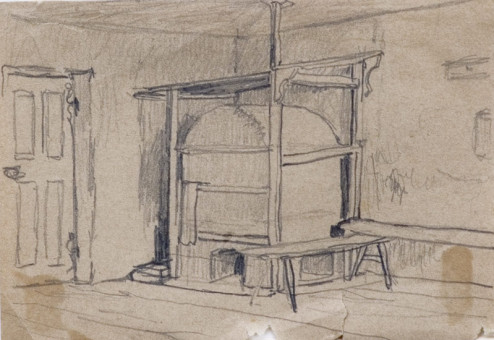 1533pinakes | Εσωτερικό με χτιστή θερμάστρα | σχέδιο - 1883 - 9Χ13 
 |  Νικόλαος Γύζης
