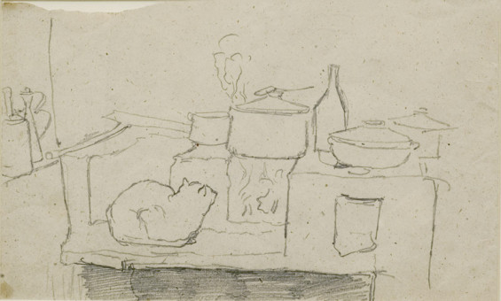 1564pinakes | Γάτα πάνω στον πάγκο της κουζίνας | σχέδιο - 1873 - 16Χ28 
 |  Νικόλαος Γύζης