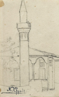 1566pinakes | Τζαμί με μιναρέ | σχέδιο - 1873 - 11Χ7 
 |  Νικόλαος Γύζης