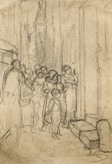 1575pinakes | Πλήθος μπροστά σε μια πόρτα | σχέδιο - περίπου 1880 - 13Χ9 
 |  Νικόλαος Γύζης