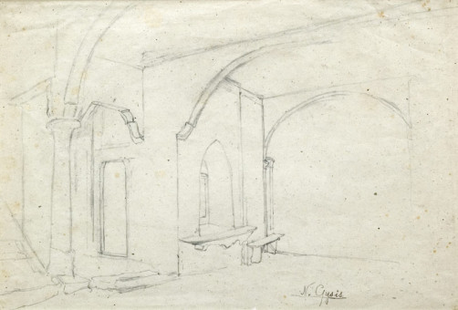 1598pinakes | Εσωτερικό κτιρίου στη Σμύρνη | σχέδιο - 1873 - 26Χ37.5 
 |  Νικόλαος Γύζης