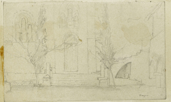 1651pinakes | Αυλή εκκλησίας (Δαφνί) | σχέδιο - 1872-74 - 10Χ16 Από το άλμπουμ "Σημειώσεις από το 1877 και |  Νικόλαος Γύζης