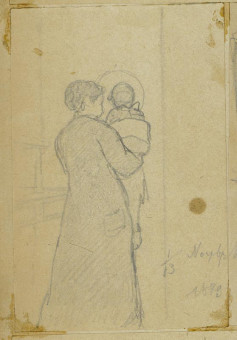1673pinakes | Η Πηνελόπη στην αγκαλιά της Άρτεμης μπροστά στον καθρέπτη | σχέδιο - 1879 - 12Χ8 Από το άλμπουμ "Σημειώσεις από το 1877 και &tau |  Νικόλαος Γύζης