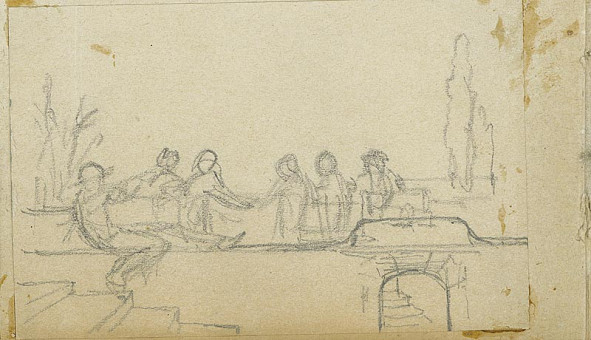 1700pinakes | Παιδιά σε ταράτσα σπιτιού | σχέδιο - 1877 - 8Χ12 Από το άλμπουμ "Σημειώσεις από το 1877 και &tau |  Νικόλαος Γύζης