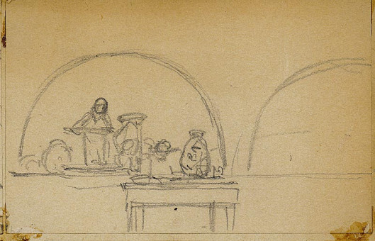 1709pinakes | Εσωτερικό με δύο κόγχες και τραπέζι | σχέδιο - μετά το 1877 - 8Χ12 Από το άλμπουμ "Σημειώσεις από τ&omi |  Νικόλαος Γύζης