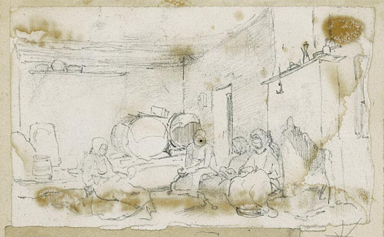 1723pinakes | Εσωτερικό σπιτιού με καθισμένες γυναίκες | σχέδιο - 1872-74 - 8Χ13 Από το άλμπουμ "Σημειώσεις από το 1877 και & |  Νικόλαος Γύζης