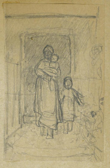 1738pinakes | Μητέρα με παιδιά στην πόρτα | σχέδιο - 1877 - 10Χ6 Από το άλμπουμ "Σημειώσεις από το 1877 και &tau |  Νικόλαος Γύζης