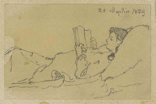 1740pinakes | Η Άρτεμη διαβάζει στο κρεβάτι (20 Μαρτίου 1879) | σχέδιο - 1879 - 12Χ8 Από το άλμπουμ "Σημειώσεις από το 1877 και &tau |  Νικόλαος Γύζης