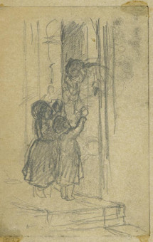 1752pinakes | Δύο παιδιά στην εξώπορτα | σχέδιο - 1877 - 12Χ8 Από το άλμπουμ "Σημειώσεις από το 1877 και &tau |  Νικόλαος Γύζης
