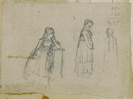 1767pinakes | Τρεις γυναίκες με (μεγαρίτικες) ενδυμασίες | σχέδιο - 1872-74 - 10Χ14 Από το άλμπουμ "Σημειώσεις από το 1877 και |  Νικόλαος Γύζης