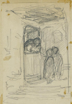 1774pinakes | Δύο παιδιά μπροστά στη μισάνοιχτη πόρτα | σχέδιο - 1877 - 12Χ8 Από το άλμπουμ "Σημειώσεις από το 1877 και &tau |  Νικόλαος Γύζης