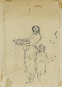 1777pinakes | Κορίτσι με γαβάθα και μικρό παιδί | σχέδιο - 1877 - 12Χ8 Από το άλμπουμ "Σημειώσεις από το 1877 και &tau |  Νικόλαος Γύζης