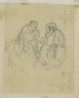 1787pinakes | Δύο καθισμένες γυναίκες, η μία με παιδί στην αγκαιλιά κλαίει | σχέδιο - 1872-74 - 7Χ6 Από το άλμπουμ "Σημειώσεις από το 1877 και &t |  Νικόλαος Γύζης