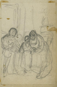 1795pinakes | Κορίτσι που στέκεται ανάμεσα σε δύο καθισμένες μορφές | σχέδιο - 1877 - 12Χ8 Από το άλμπουμ "Σημειώσεις από το 1877 και &tau |  Νικόλαος Γύζης