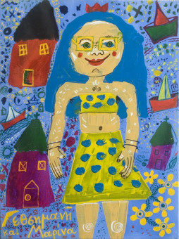 2181pinakes | Η ζωγραφική σε γαλάζιο φόντο, όπως τα ζωγράφισε η Μαρίνα | ακουαρέλα - - 60Χ46 
 |  Γεθσημανή Σεφεροπούλου