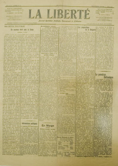 2329e | LA LIBERTE - 13.07.1913, Νο. 165 - Σελίδα 1 | LA LIBERTE | Γαλλόγλωση εφημερίδα που εξέδωσε η Ελληνική Διοίκηση, μετά την απελευθέρωση της πόλης, για να ενημερώνεται το γαλλόφωνο κοινό, από το 1912 μέχρι το 1914. - (0,43 Χ 0,68 εκ.) Ένα φύλλο, τυπωμένο από τη μία πλευρά - 
 | 1