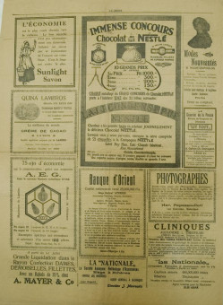 2332e | LA LIBERTE - 13.07.1913, Νο. 165 - Σελίδα 4 | LA LIBERTE | Γαλλόγλωση εφημερίδα που εξέδωσε η Ελληνική Διοίκηση, μετά την απελευθέρωση της πόλης, για να ενημερώνεται το γαλλόφωνο κοινό, από το 1912 μέχρι το 1914. - (0,43 Χ 0,68 εκ.) Ένα φύλλο, τυπωμένο από τη μία πλευρά - Διαφημίσεις
 | 1