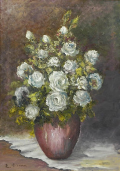 239pinakes | Βάζο με λευκά τριαντάφυλλα | ελαιογραφία - - 69Χ49 
 |  Φανή Σπυράτου - Φλόκα