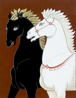 2497pinakes | Δυο άλογα άσπρο και μαύρο | ακρυλικό & φύλλο χρυσού - 2006 - 90Χ70
 |  Ζωή Σκιαδαρέση
