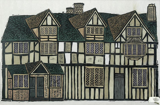 269pinakes | Σπίτια στην Αγγλία | linoleum - 1974 - 66Χ101 
 |  Γιώργος Σικελιώτης