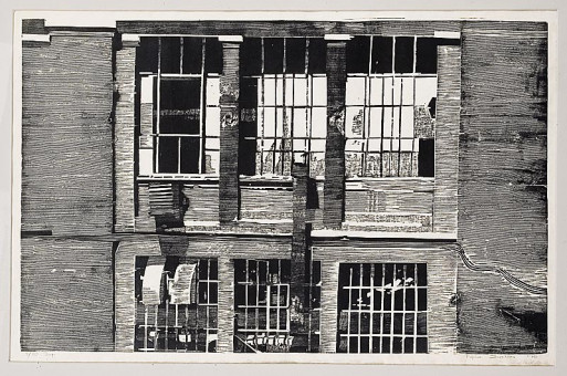390pinakes | Παλιό εργοστάσιο | ξυλογραφία - 1978 - 58Χ91 
 |  Ρουμπίνα Σαρελάκου