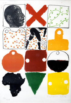 474pinakes | Κεφάλι νέγρου με έγχρωμα γεωμετρικά σχήματα | μεταξοτυπία - 1983 - 84Χ59 
 |  Sae Tilson