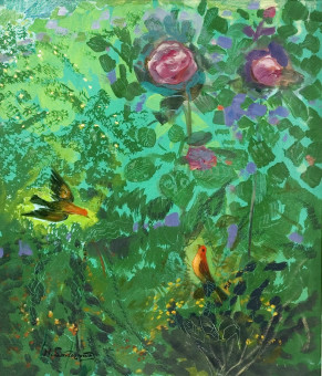688pinakes | Τριαντάφυλλα και πουλιά | ελαιογραφία - - 80Χ69 
 |  Νικόλαος Σαντοριναίος