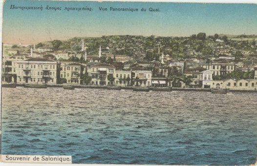 74kart | Η άποψη της προκυμαίας και της πόλης εκτός των τειχών στις αρχές του αιώνα.Επιχρωματισμένη | Παραλία Θεσσαλονίκης | T003/012
