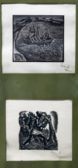 750pinakes | Ψαράδες & Ανδρική μορφή με στάμνα (δίπτυχο) | ξυλογραφία - - 15,5Χ16,5 & 14Χ15
 |  Σπύρος Βασιλείου
