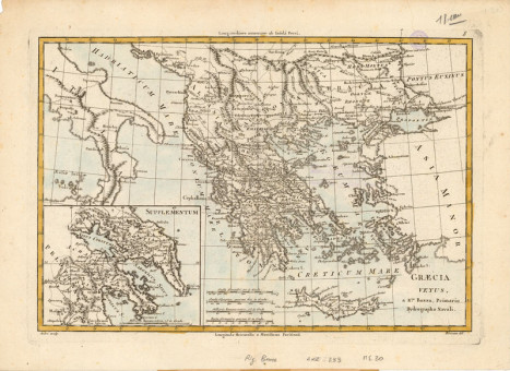  Χάρτης της Αρχαίας Ελλάδας  |  Χάρτης της Αρχαίας Ελλάδας | Χάρτες |  Venice, 1783, Επιχρωματισμένη Χαλκογραφία, 37 Χ 25 εκ., Α.Κ.Ζ. 283 |  R. Bonne