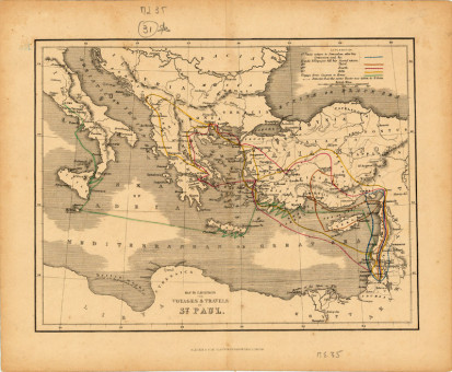  Χάρτης των ταξιδιών του Αποστόλου Παύλου  |  Χάρτης των ταξιδιών του Αποστόλου Παύλου | Χάρτες |  Γλασκώβη,Εδιμβούργο,Λονδίνο, Περίπου 1875, Χρωμολιθογραφία ή ατσαλογραφία, 25 Χ 19,5 εκ., Χωρίς Αριθμό Καταλόγου Ζαχαράκη |  Blackie & Son