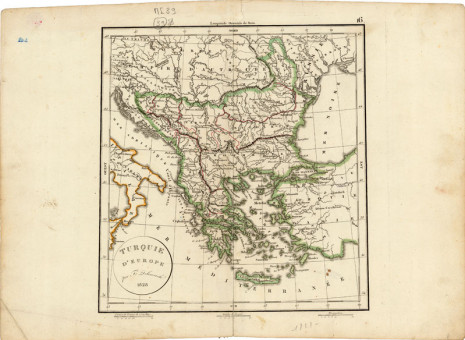  Χάρτης της Ευρωπαϊκής Τουρκίας  |  Χάρτης της Ευρωπαϊκής Τουρκίας | Χάρτες |  Παρίσι, 1828, Χρωμολιθογραφία, 25,5 Χ 27,5 εκ., Χωρίς Αριθμό καταλόγου Ζαχαράκη |  F. Delemarhce