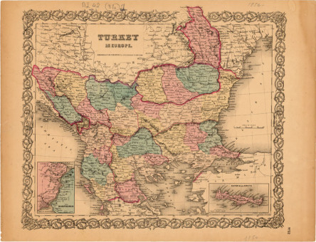  Χάρτης της Ευρωπαϊκής Τουρκίας  |  Χάρτης της Ευρωπαϊκής Τουρκίας | Χάρτες |  New York, 1854, Χρωμολιθογραφία, 39,5 Χ 31,5 εκ., Πανομοιότυπος με χάρτη ΠΣ 69, Χωρίς Αριθμό Καταλόγου Ζαχαράκη |  J.H. Colton