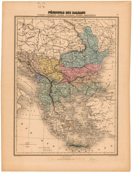  Χάρτης της Βαλκανικής Χερσονήσου  |  Χάρτης της Βαλκανικής Χερσονήσου | Χάρτες |  Paris,1885 περίπου, Χρωμολιθογραφία, 28 Χ 37 εκ., Εκτυπωτής Migeon, Χωρίς Αριθμό Καταλόγου Ζαχαράκη |  A.T. Chartier