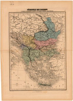  Χάρτης της Βαλκανικής Χερσονήσου  |  Χάρτης της Βαλκανικής Χερσονήσου | Χάρτες |  Paris, 1885 περίπου, Χρωμολιθογραφία, 28 Χ 37 εκ., Εκτυπωτής Migeon, Πανομοιότυπος με το χάρτη ΠΣ 58, Χωρίς Αριθμό Καταλόγου Ζαχαράκη |  A.T. Chartier