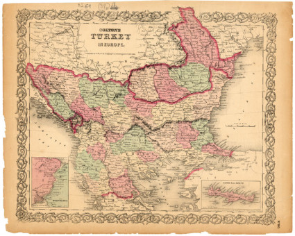  Χάρτης της Ευρωπαϊκής Τουρκίας  |  Χάρτης της Ευρωπαϊκής Τουρκίας | Χάρτες |  New York, 1854, Χρωμολιθογραφία, 39,5 Χ 31,5 εκ., Πανομοιότυπος με χάρτη ΠΣ 42, Χωρίς Αριθμό Καταλόγου Ζαχαράκη |  J.H. Colton