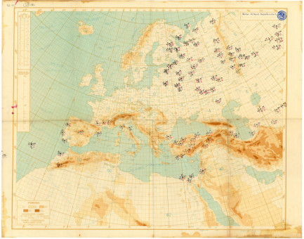  Μετεωρολογικός χάρτης Ευρώπης, βορείου Αφρικής και δυτικής Ασίας  |  Μετεωρολογικός χάρτης Ευρώπης, βορείου Αφρικής και δυτικής Ασίας | Χάρτες |  Αθήνα, 1950 περίπου, Χρωμολιθογραφία, 75 Χ 60 εκ., Κλίμακα 1:10.000.000, Με χειρόγραφες σημειώσεις, Χωρίς Αριθμό Καταλόγου Ζαχαράκη |  Τεχνικά Εργαστήρια Γεωγραφικής Υπηρεσίας Στρατού