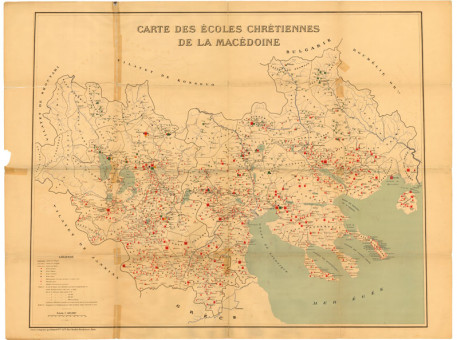  Χάρτης της Μακεδονίας δεικνύων τα χριστιανικά σχολεία και τις εκκλησίες  |  Χάρτης της Μακεδονίας δεικνύων τα χριστιανικά σχολεία και τις εκκλησίες | Χάρτες |  Paris, 1910 περίπου, Χρωμολιθογραφία, 109 Χ 83,5 εκ., Χωρίς Αριθμό Καταλόγου Ζαχαράκη |  Erhard F res